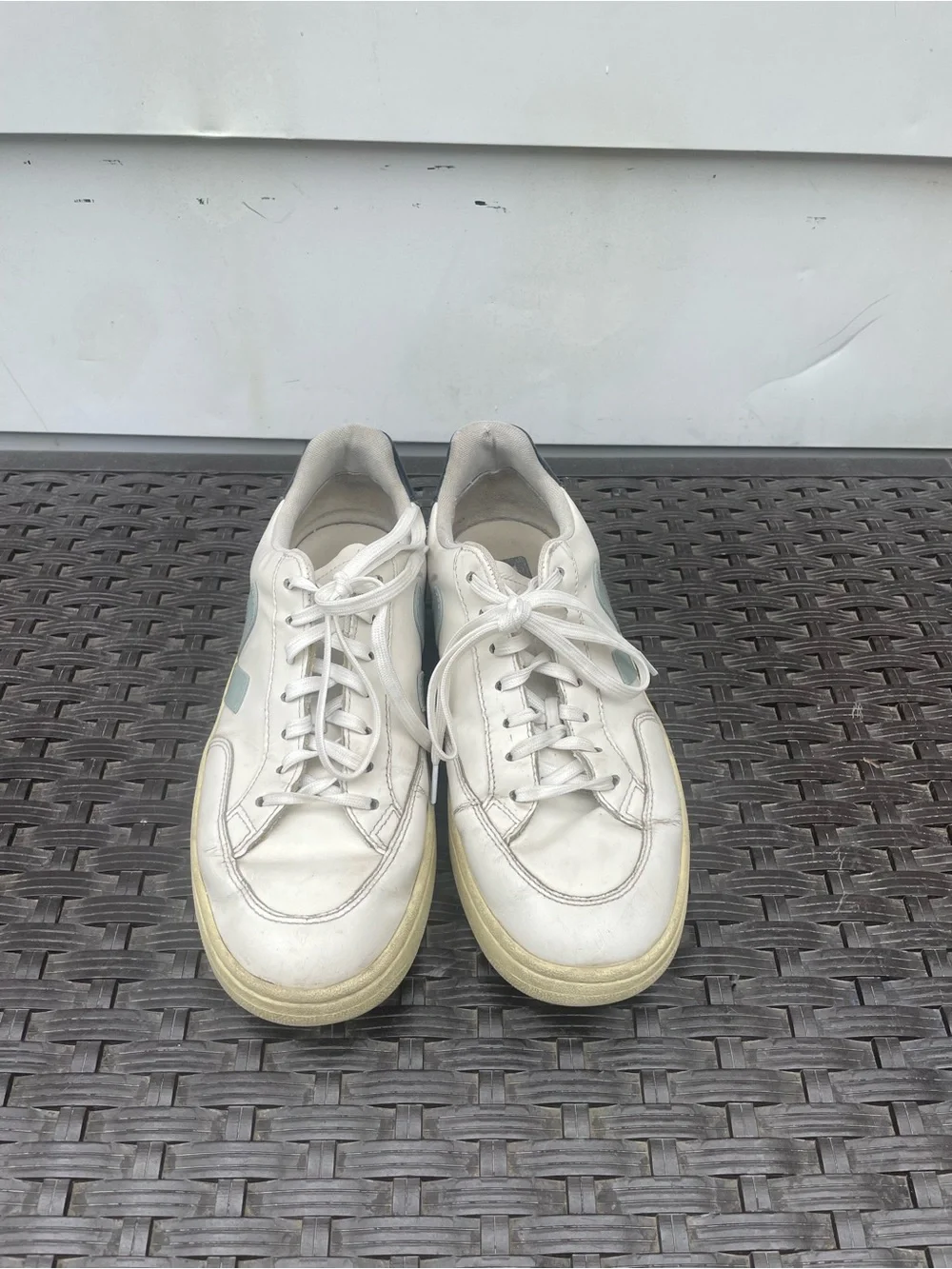 Women’s Veja V-12 White Low-Top Sneakers with Light Blue Accent Size 10